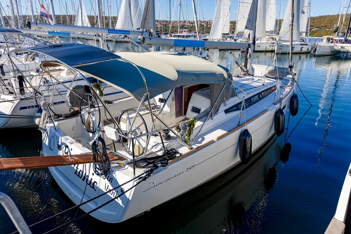Exterior view of Gin Tonic, a Jeanneau Sun Odyssey 349 sailboat at Punat, Croatia