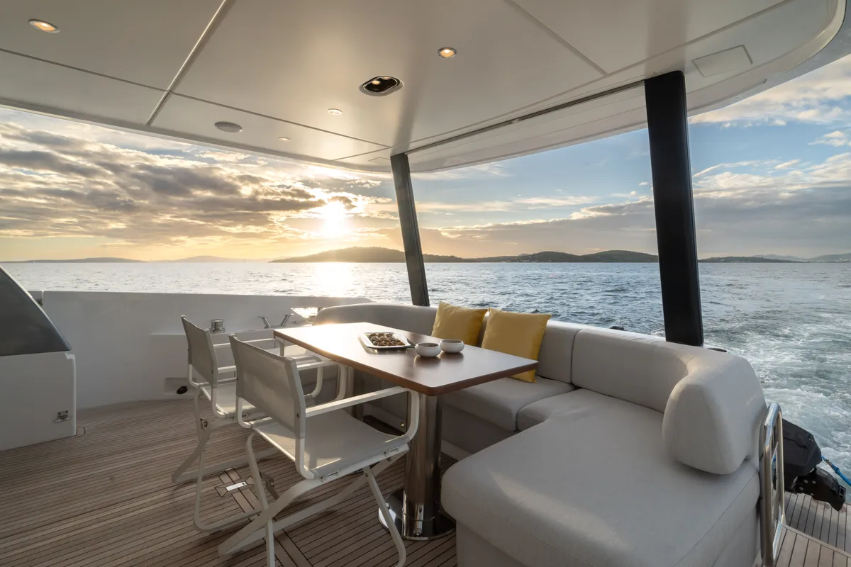 Deck of Donna, a Azimut 68E motor yacht at Grad Šibenik, Croatia