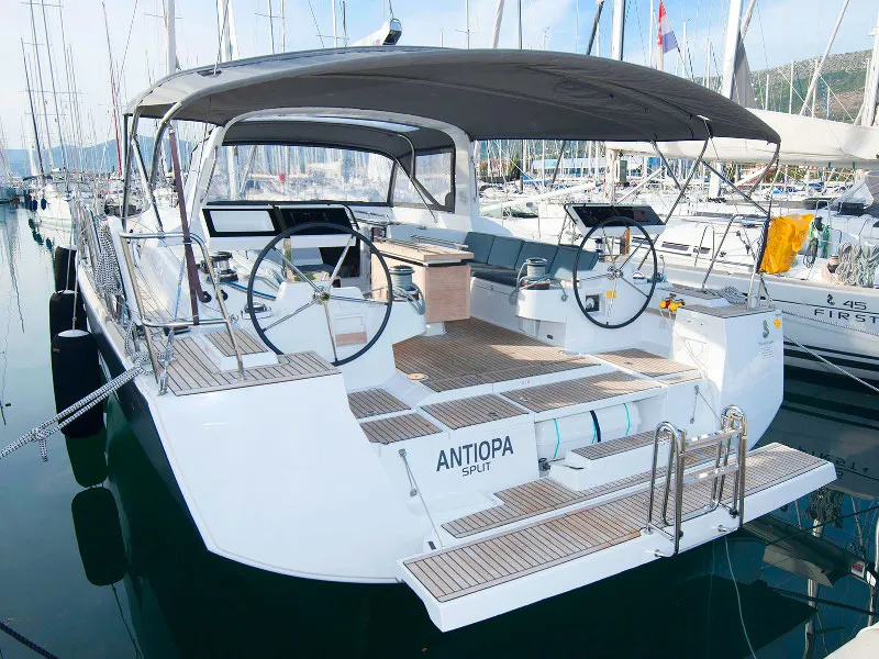 Exterior view of Antiopa, a Beneteau Oceanis 55 sailboat at Grad Kaštela, Croatia