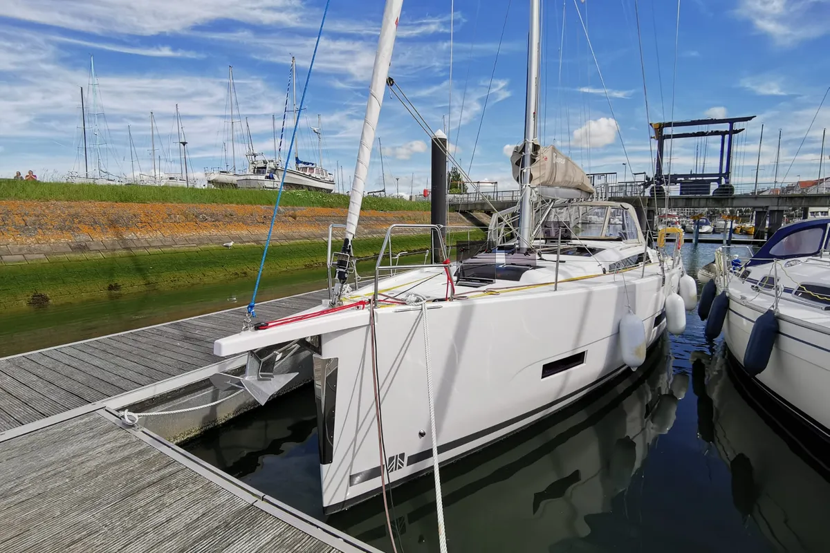 Exterior view of Antares, a Dufour 390 Grand Large sailboat at Nieuwpoort, Belgium
