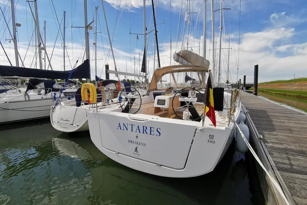 Exterior view of Antares, a Dufour 390 Grand Large sailboat at Nieuwpoort, Belgium