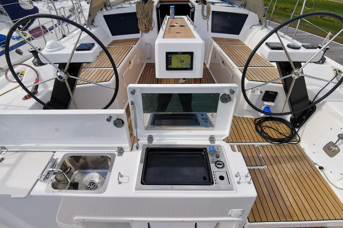 Cockpit of Antares, a Dufour 390 Grand Large sailboat at Nieuwpoort, Belgium