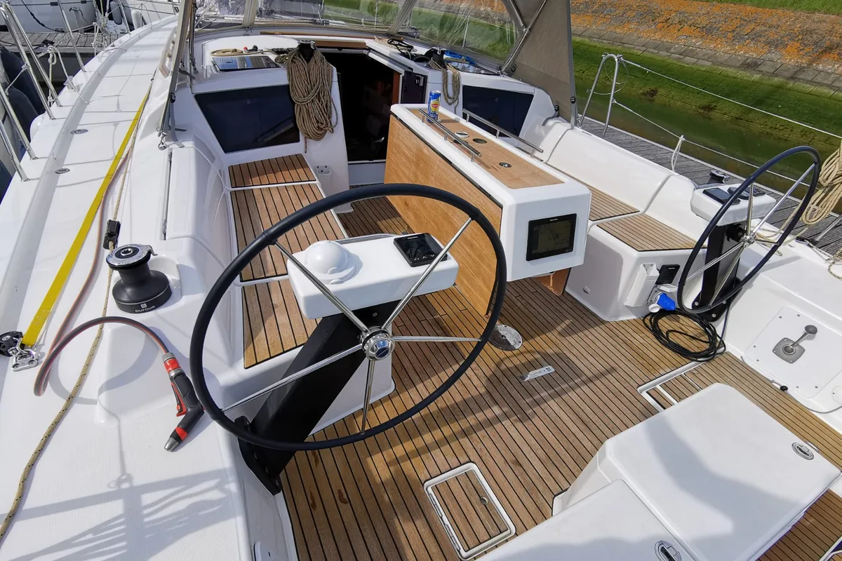 Cockpit of Antares, a Dufour 390 Grand Large sailboat at Nieuwpoort, Belgium