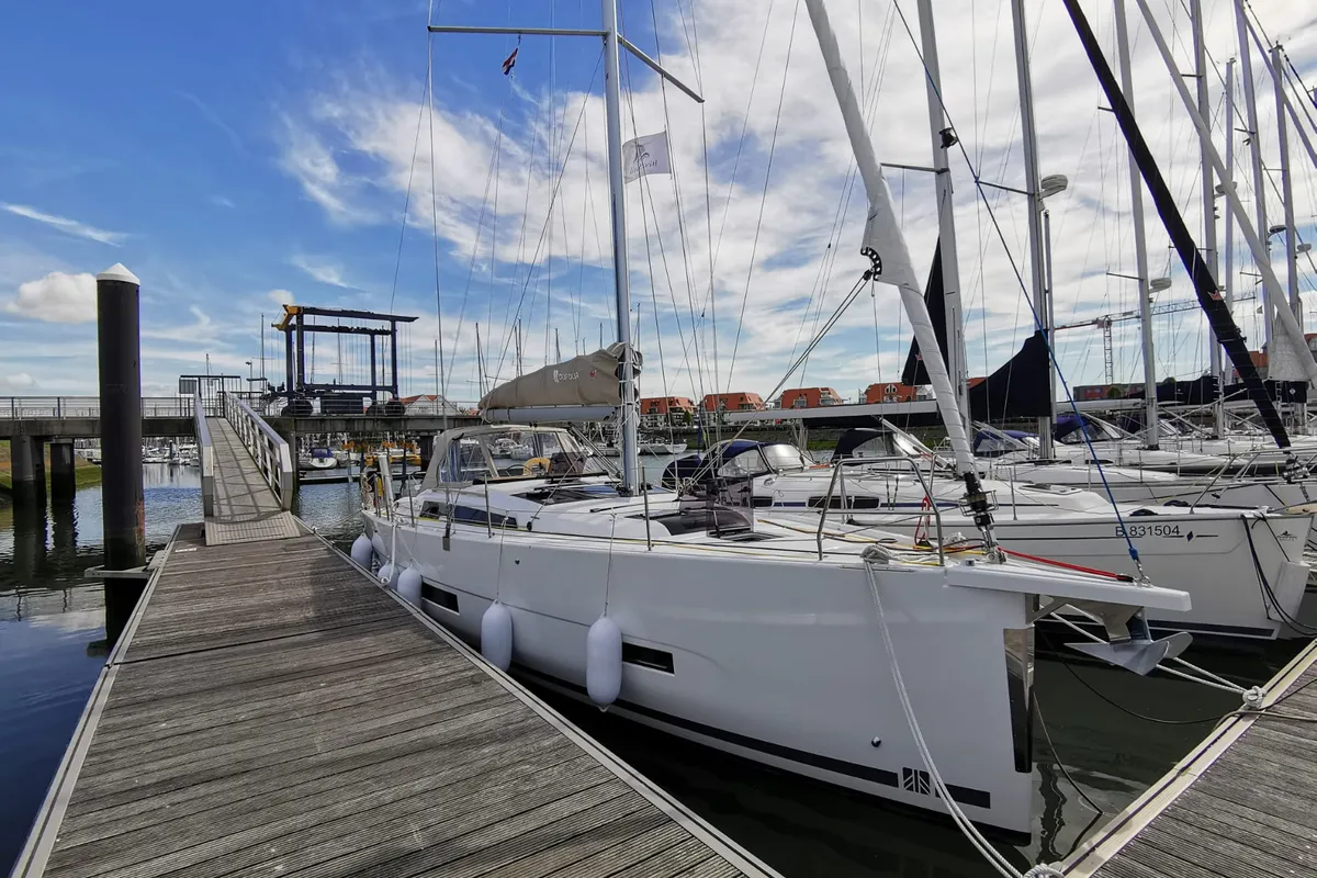 Exterior view of Antares, a Dufour 390 Grand Large sailboat at Nieuwpoort, Belgium