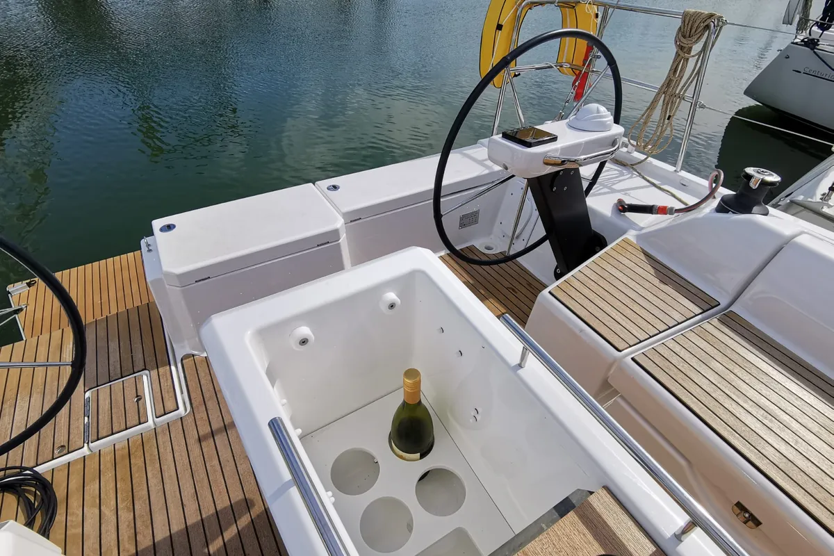 Cockpit of Antares, a Dufour 390 Grand Large sailboat at Nieuwpoort, Belgium
