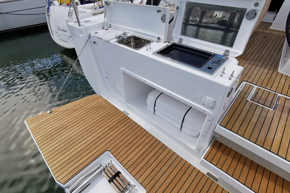 Deck of Antares, a Dufour 390 Grand Large sailboat at Nieuwpoort, Belgium