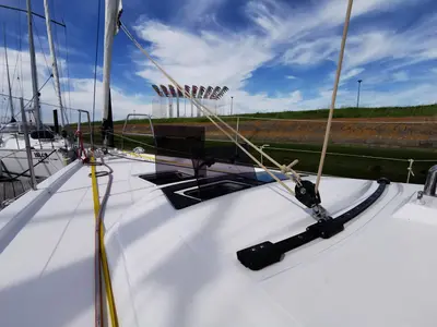 Deck of Antares, a Dufour 390 Grand Large sailboat at Nieuwpoort, Belgium