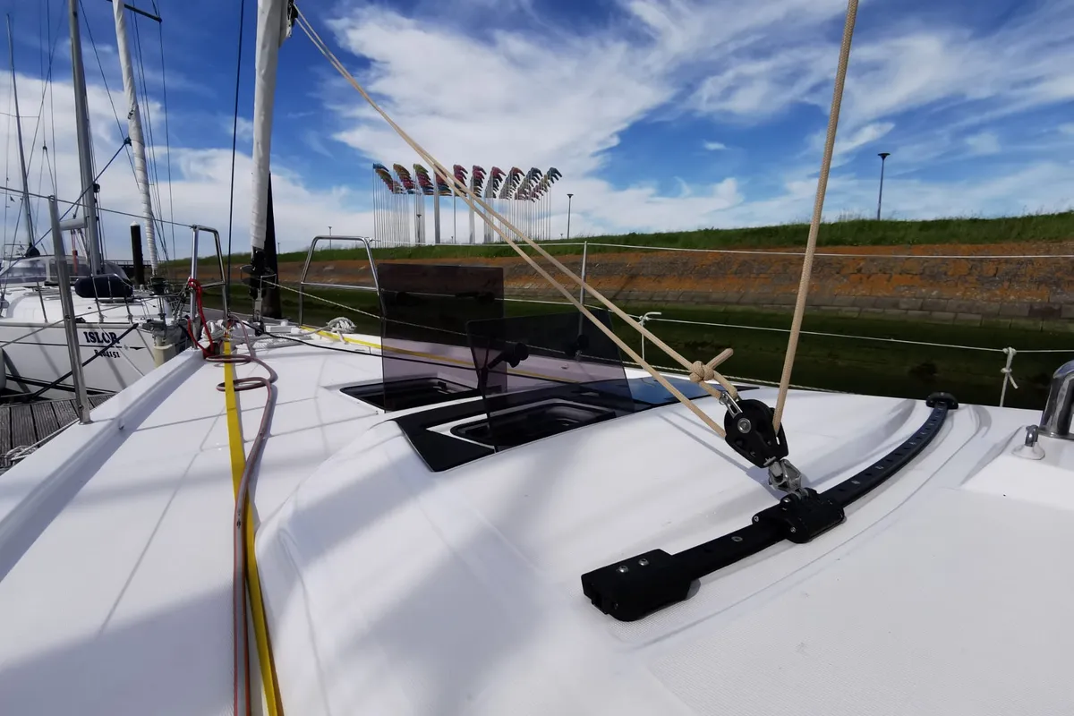 Deck of Antares, a Dufour 390 Grand Large sailboat at Nieuwpoort, Belgium