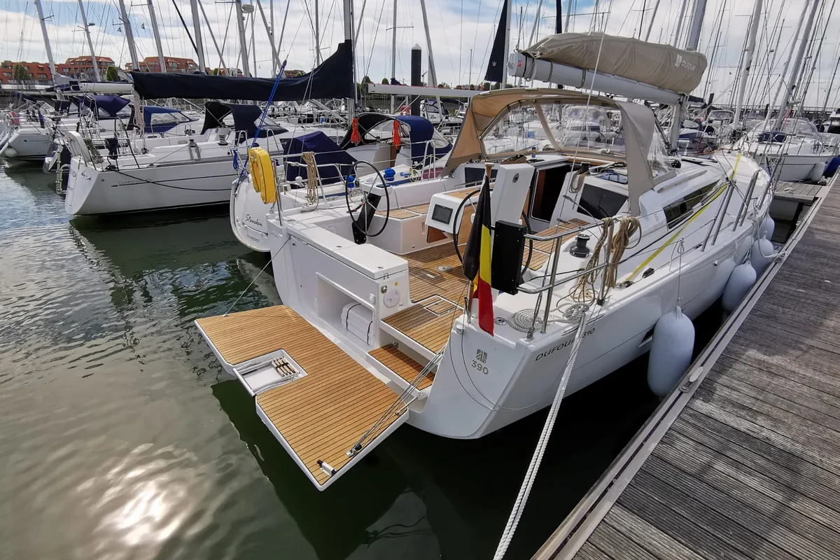 Exterior view of Antares, a Dufour 390 Grand Large sailboat at Nieuwpoort, Belgium