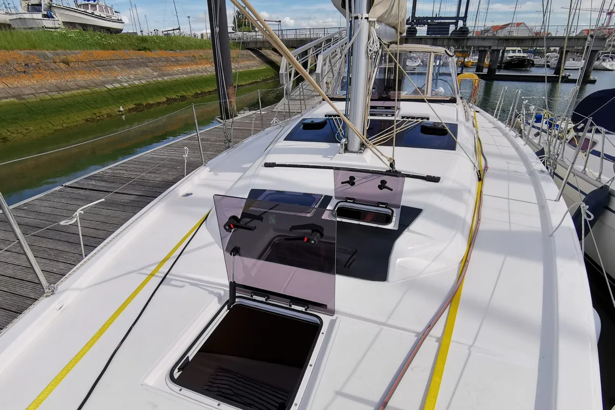 Deck of Antares, a Dufour 390 Grand Large sailboat at Nieuwpoort, Belgium
