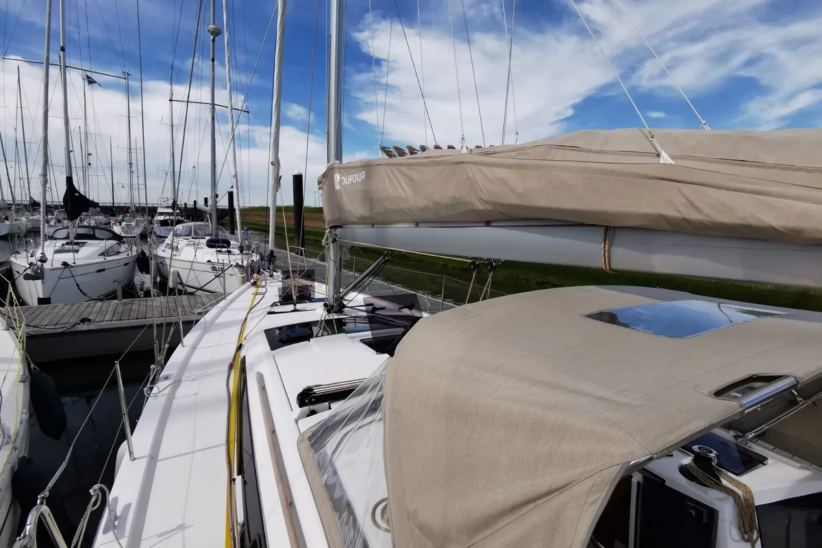 Deck of Antares, a Dufour 390 Grand Large sailboat at Nieuwpoort, Belgium