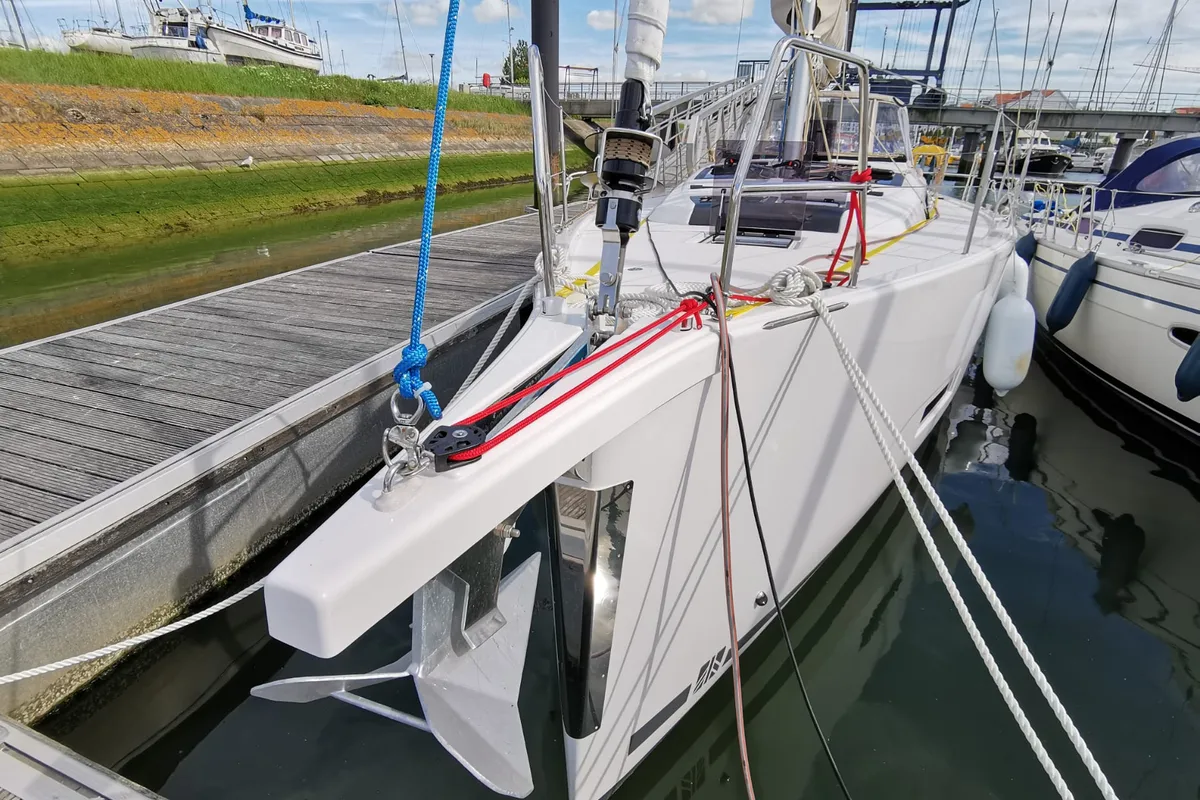 Exterior view of Antares, a Dufour 390 Grand Large sailboat at Nieuwpoort, Belgium