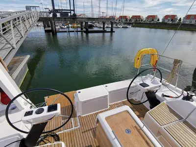Cockpit of Antares, a Dufour 390 Grand Large sailboat at Nieuwpoort, Belgium