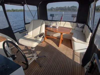 Cockpit of Pieton, a De Drait DeLuxe 42 motorboat at Akkrum, Netherlands