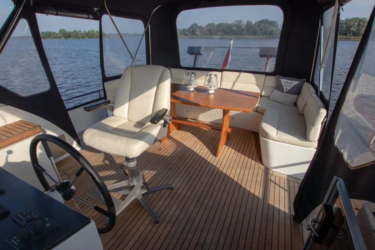 Cockpit of Pieton, a De Drait DeLuxe 42 motorboat at Akkrum, Netherlands