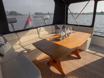 Deck of Pieton, a De Drait DeLuxe 42 motorboat at Akkrum, Netherlands