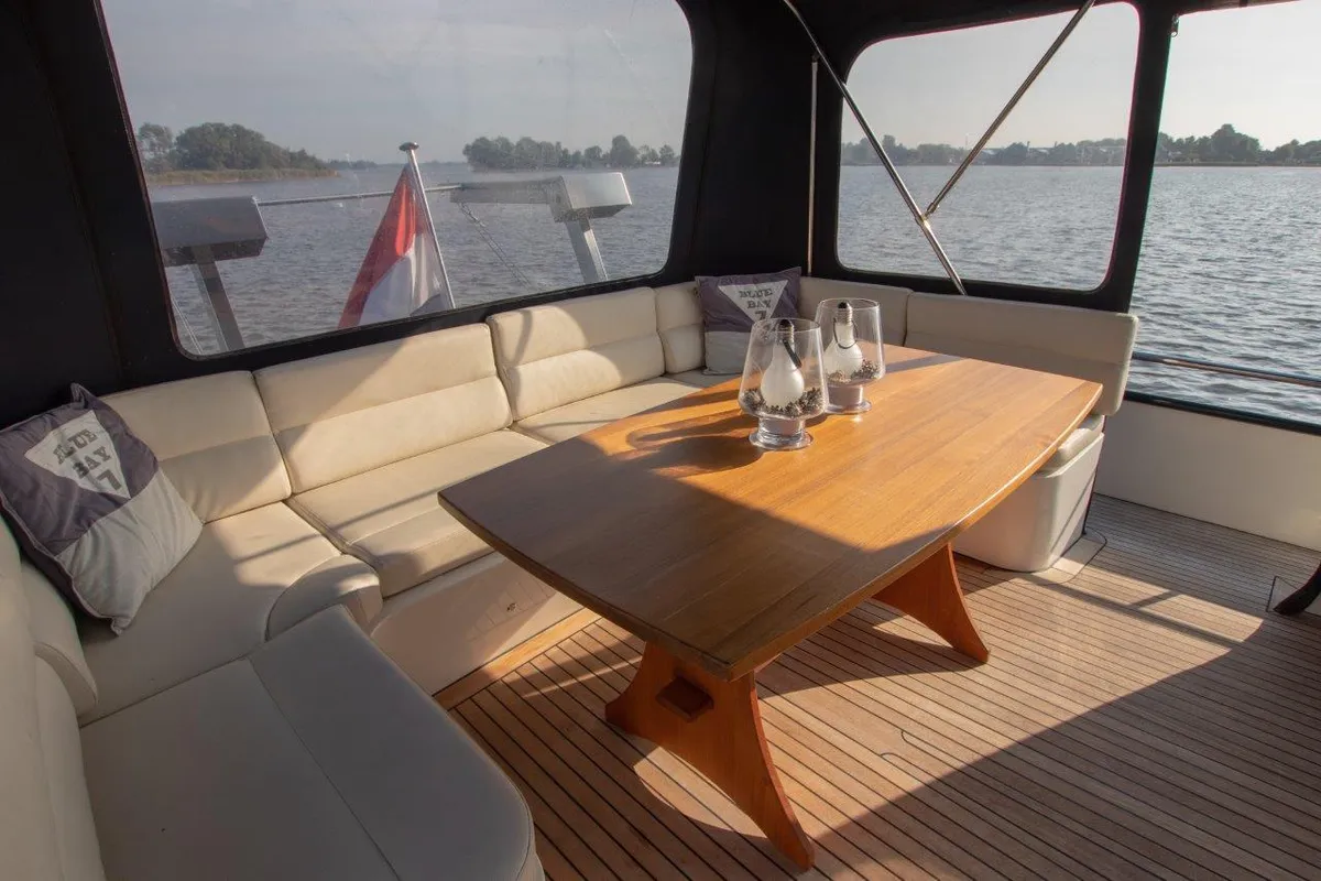 Deck of Pieton, a De Drait DeLuxe 42 motorboat at Akkrum, Netherlands
