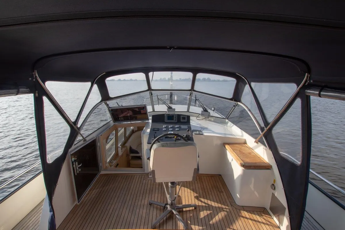 Cockpit of Pieton, a De Drait DeLuxe 42 motorboat at Akkrum, Netherlands