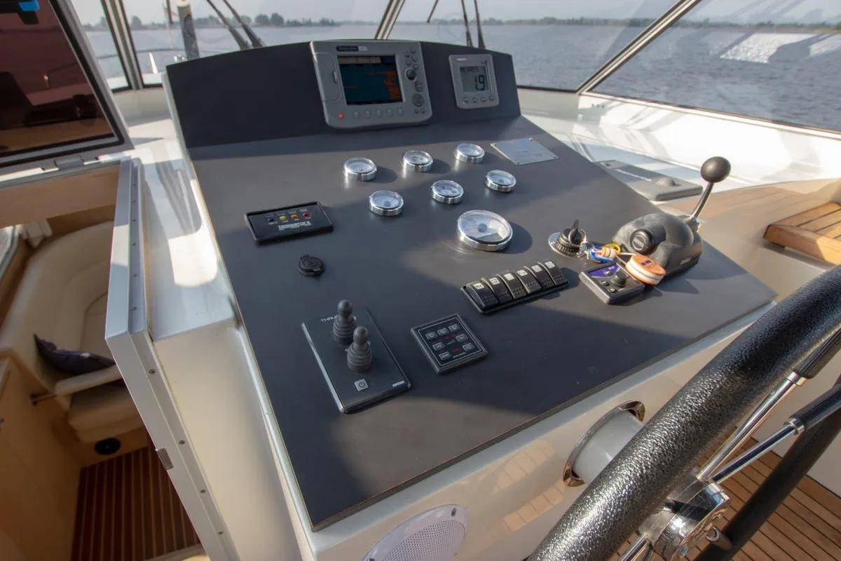 Cockpit of Pieton, a De Drait DeLuxe 42 motorboat at Akkrum, Netherlands