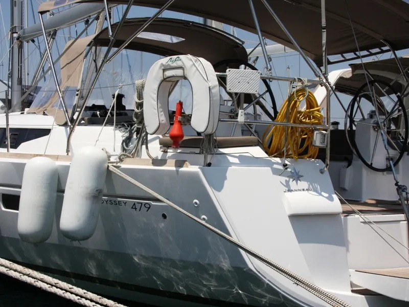 Exterior view of Sky Selin, a Jeanneau Sun Odyssey 479 sailboat at Marmaris, Turkey