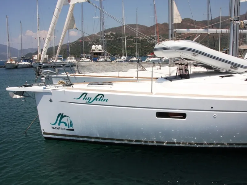Exterior view of Sky Selin, a Jeanneau Sun Odyssey 479 sailboat at Marmaris, Turkey