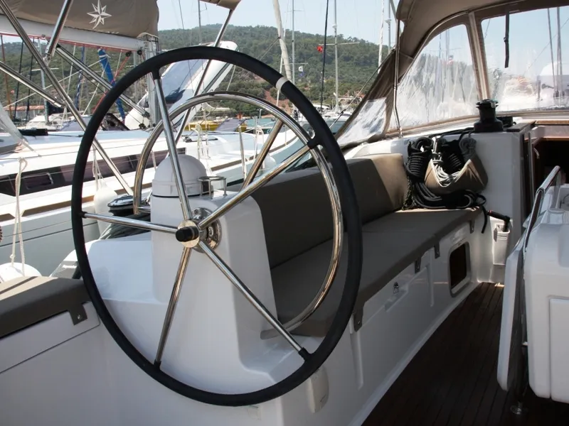 Cockpit of Sky Selin, a Jeanneau Sun Odyssey 479 sailboat at Marmaris, Turkey