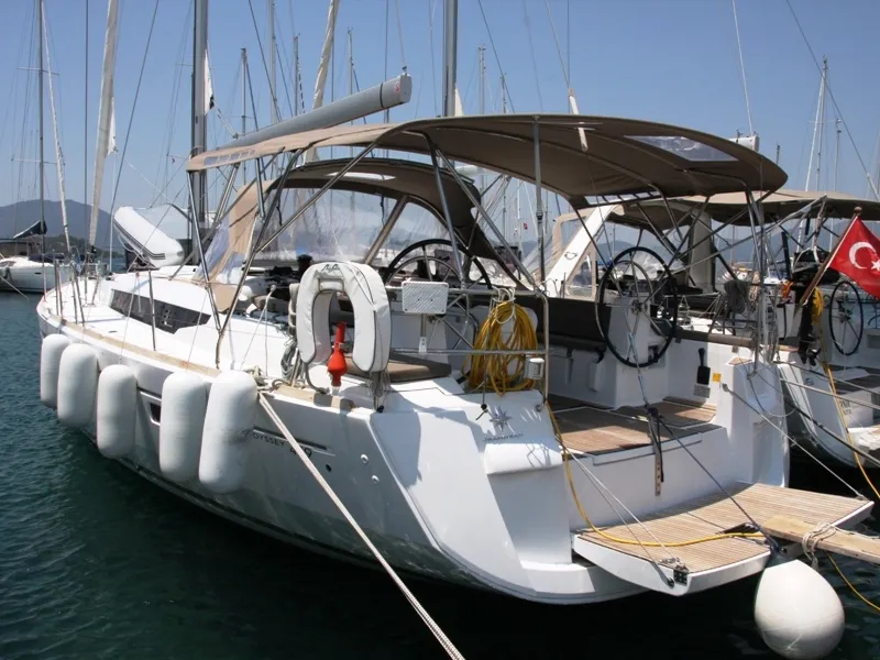Exterior view of Sky Selin, a Jeanneau Sun Odyssey 479 sailboat at Marmaris, Turkey
