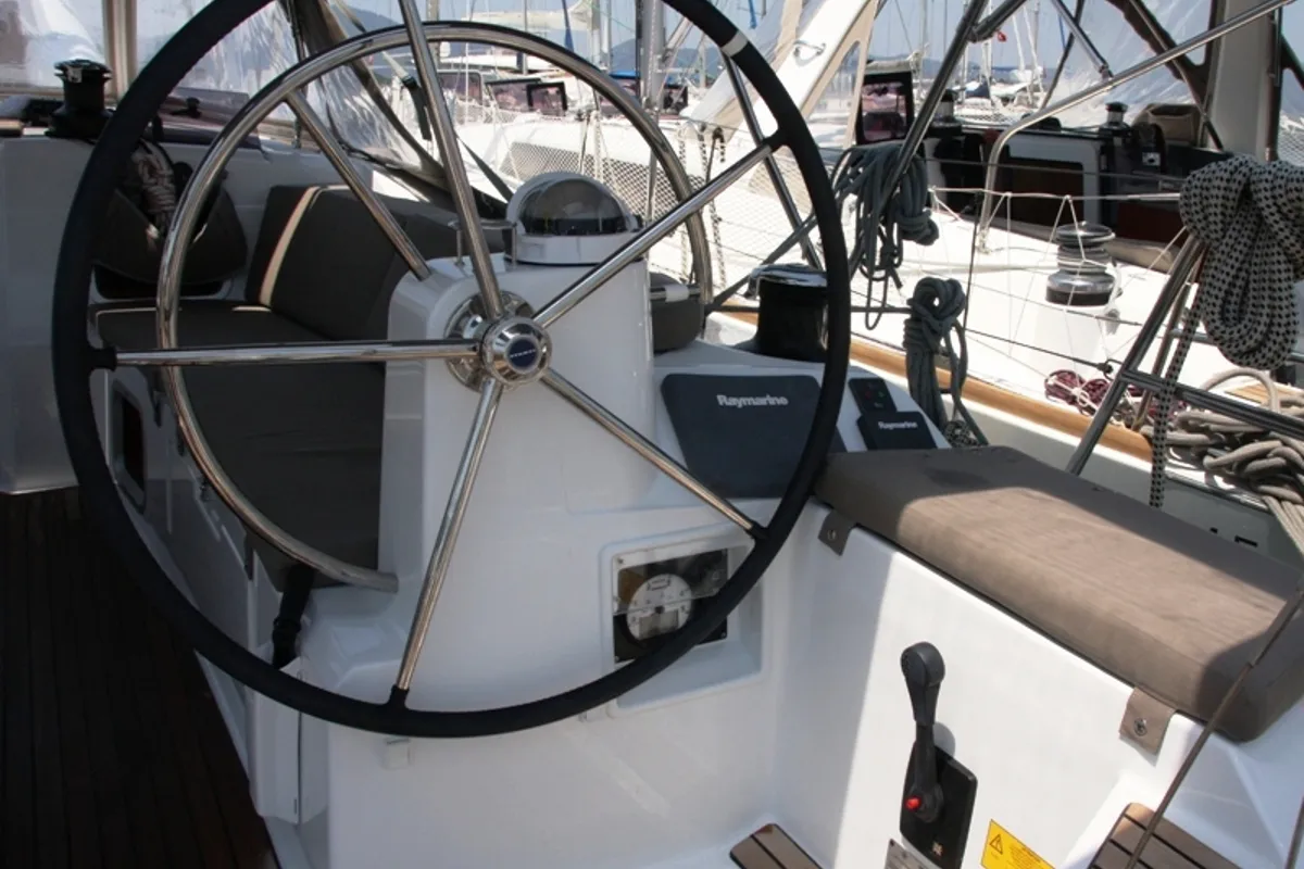 Cockpit of Sky Selin, a Jeanneau Sun Odyssey 479 sailboat at Marmaris, Turkey