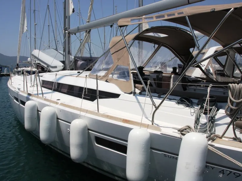 Exterior view of Sky Selin, a Jeanneau Sun Odyssey 479 sailboat at Marmaris, Turkey