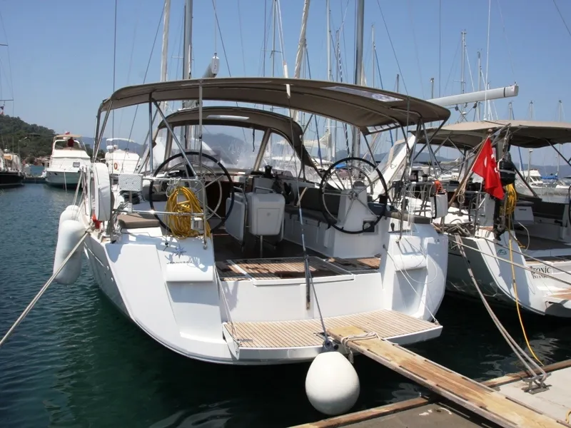 Exterior view of Sky Selin, a Jeanneau Sun Odyssey 479 sailboat at Marmaris, Turkey