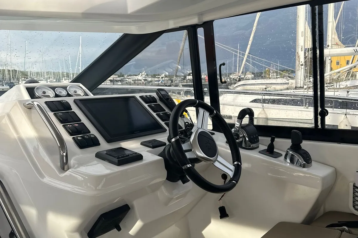 Cockpit of Malima, a Jeanneau Leader 40 motorboat at Grad Pula, Croatia