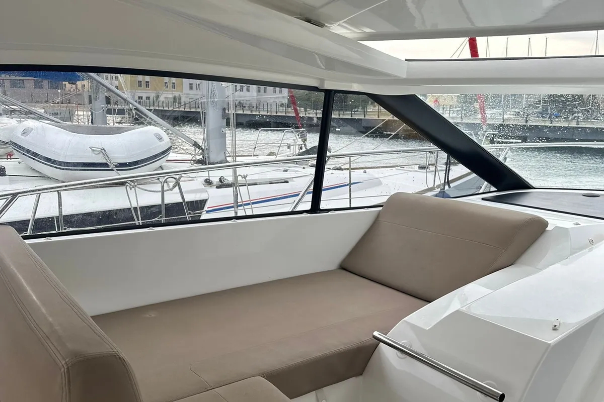 Deck of Malima, a Jeanneau Leader 40 motorboat at Grad Pula, Croatia