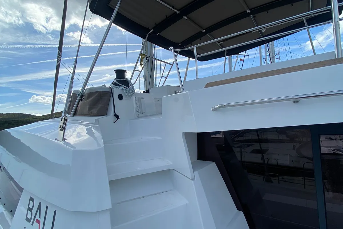 Deck of Spritz "New 2024", a Bali 5.4 catamaran at Figari/Golfo Aranci, Italy