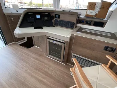 Cockpit of Spritz "New 2024", a Bali 5.4 catamaran at Figari/Golfo Aranci, Italy