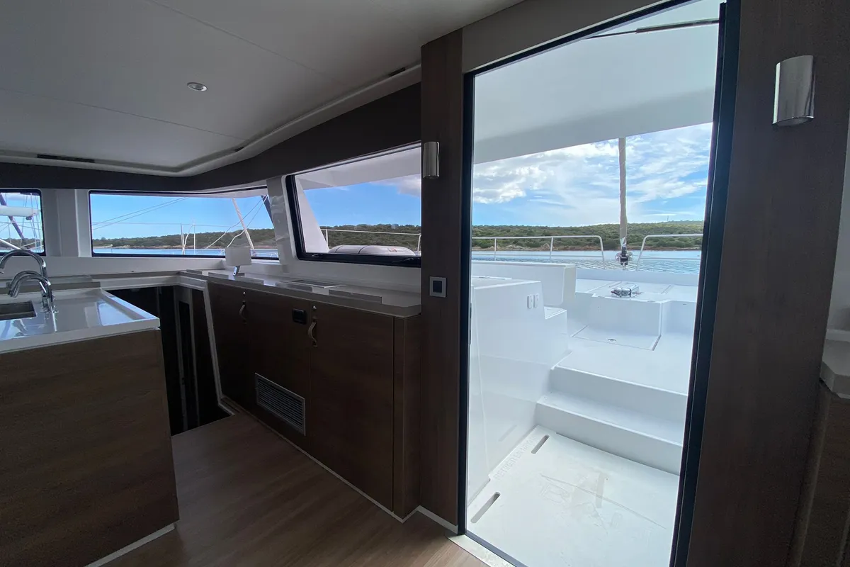 Salon of Spritz "New 2024", a Bali 5.4 catamaran at Figari/Golfo Aranci, Italy