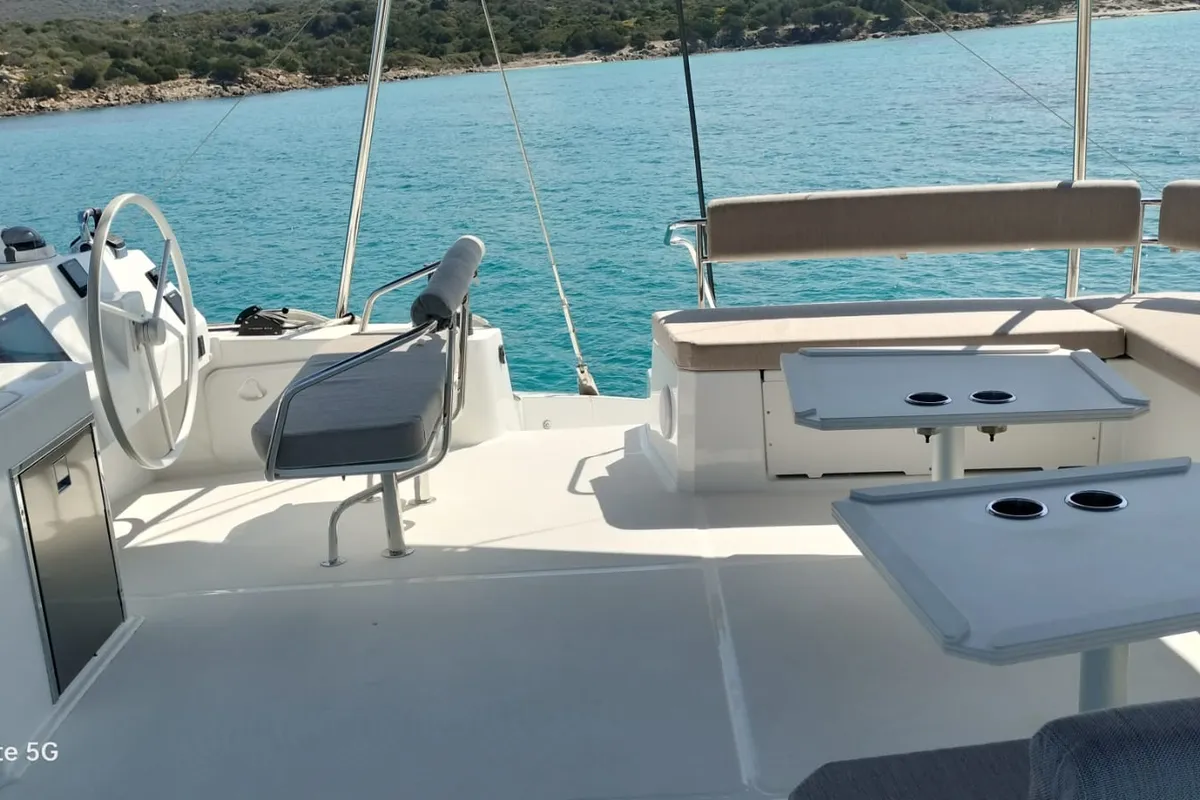 Deck of Spritz "New 2024", a Bali 5.4 catamaran at Figari/Golfo Aranci, Italy