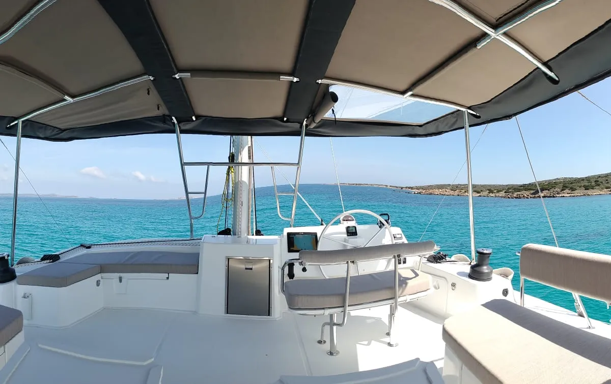 Cockpit of Spritz "New 2024", a Bali 5.4 catamaran at Figari/Golfo Aranci, Italy