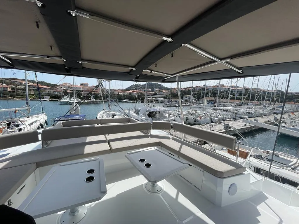 Deck of Spritz "New 2024", a Bali 5.4 catamaran at Figari/Golfo Aranci, Italy