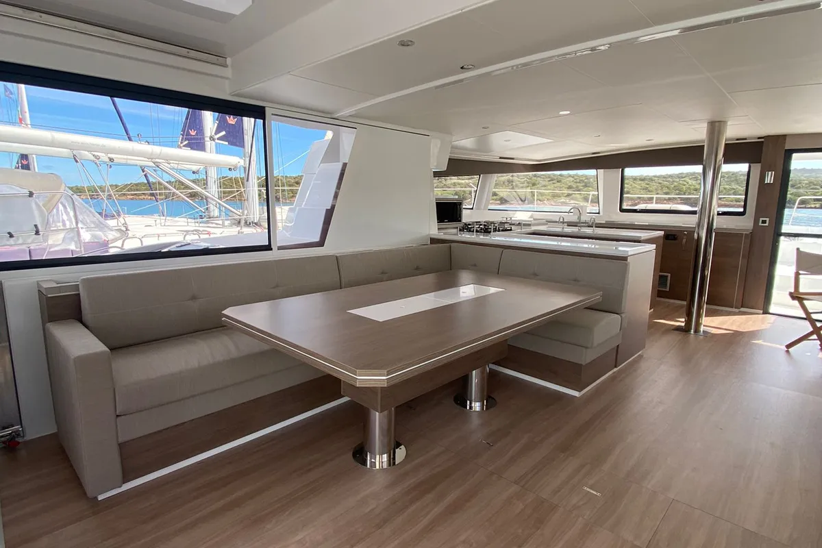 Salon of Spritz "New 2024", a Bali 5.4 catamaran at Figari/Golfo Aranci, Italy