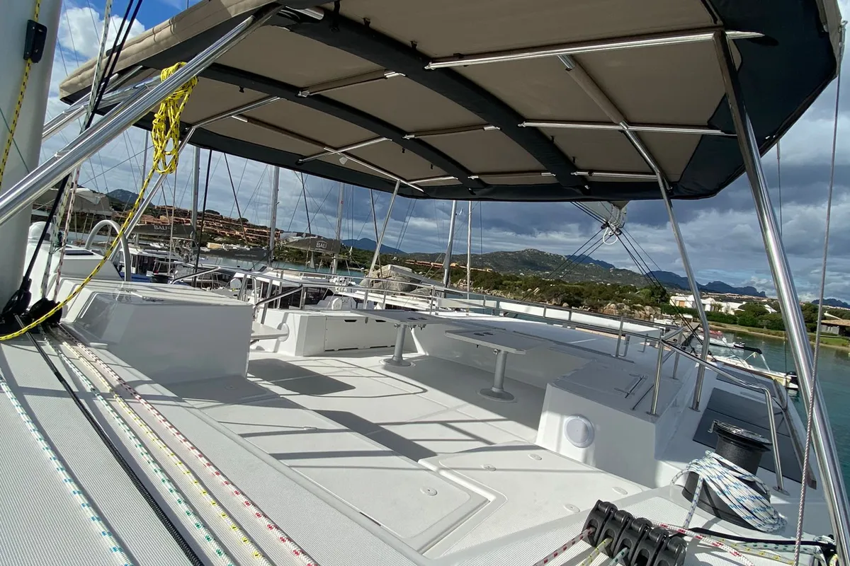 Deck of Spritz "New 2024", a Bali 5.4 catamaran at Figari/Golfo Aranci, Italy