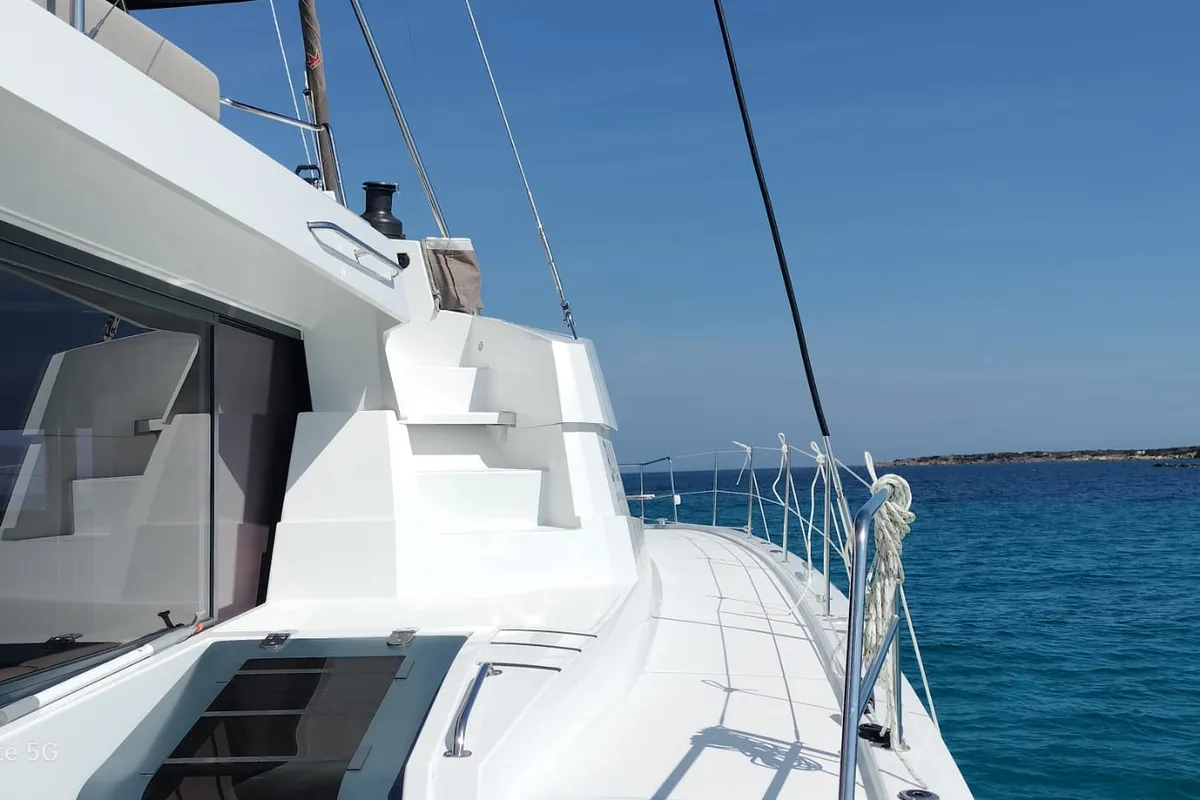 Deck of Spritz "New 2024", a Bali 5.4 catamaran at Figari/Golfo Aranci, Italy