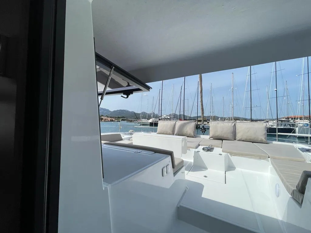 Deck of Spritz "New 2024", a Bali 5.4 catamaran at Figari/Golfo Aranci, Italy