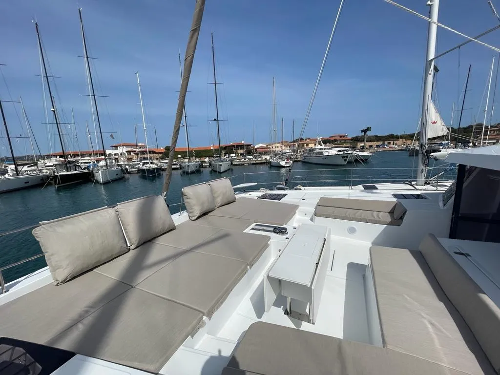 Deck of Spritz "New 2024", a Bali 5.4 catamaran at Figari/Golfo Aranci, Italy