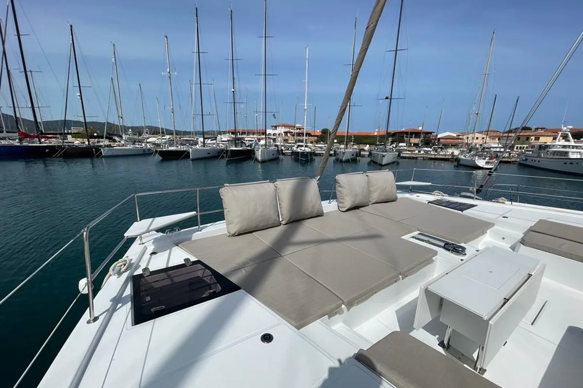 Deck of Spritz "New 2024", a Bali 5.4 catamaran at Figari/Golfo Aranci, Italy