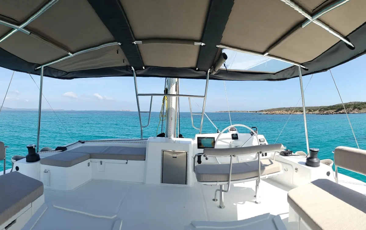 Cockpit of Spritz "New 2024", a Bali 5.4 catamaran at Figari/Golfo Aranci, Italy