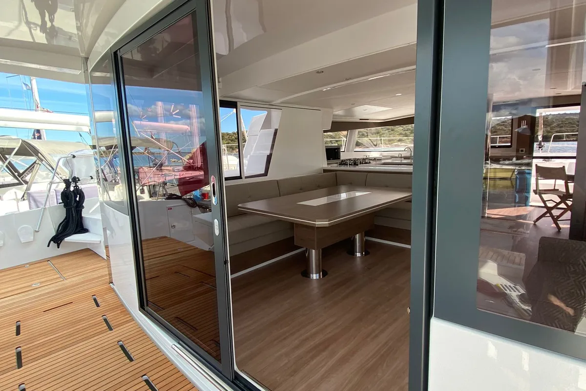 Salon of Spritz "New 2024", a Bali 5.4 catamaran at Figari/Golfo Aranci, Italy