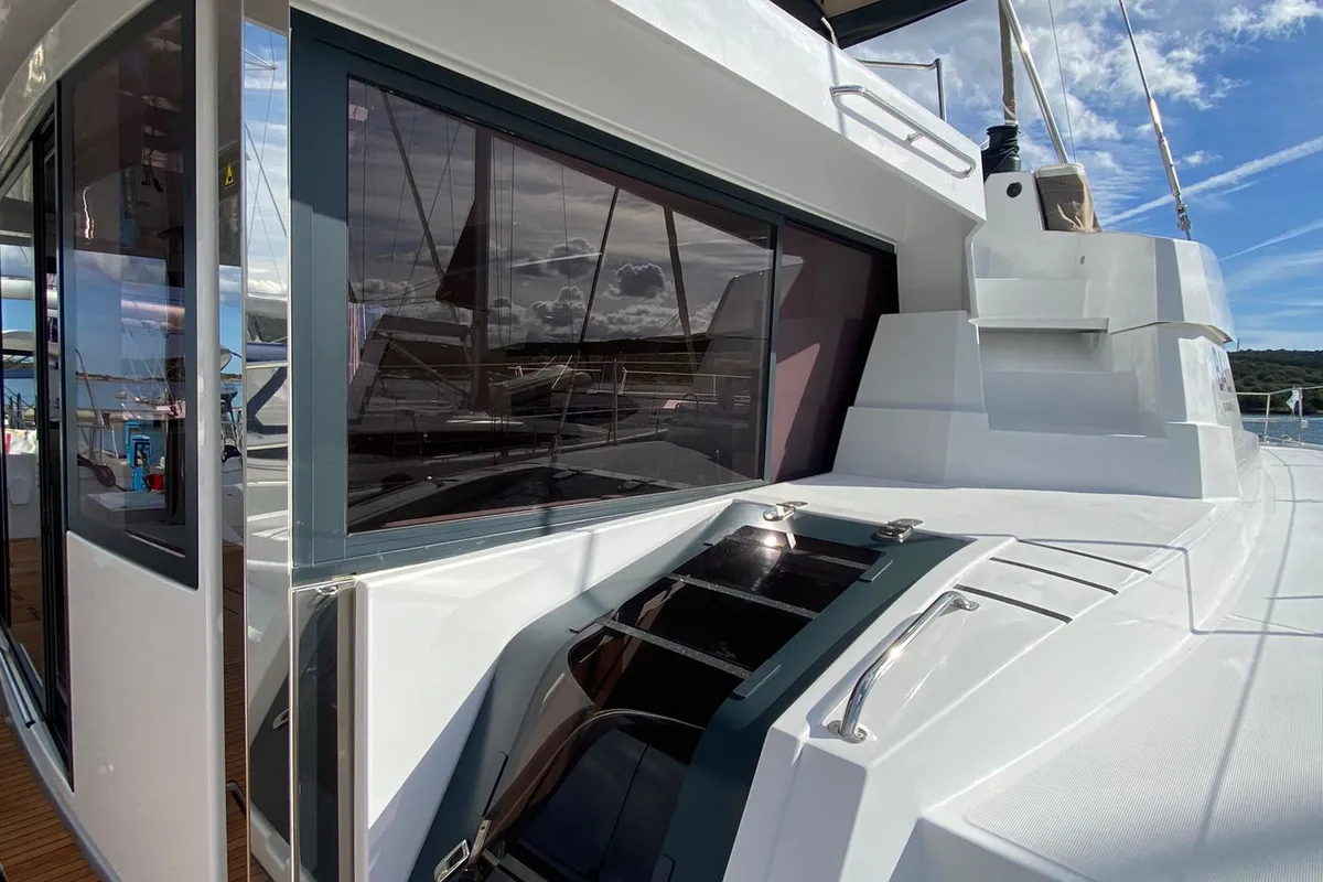 Deck of Spritz "New 2024", a Bali 5.4 catamaran at Figari/Golfo Aranci, Italy