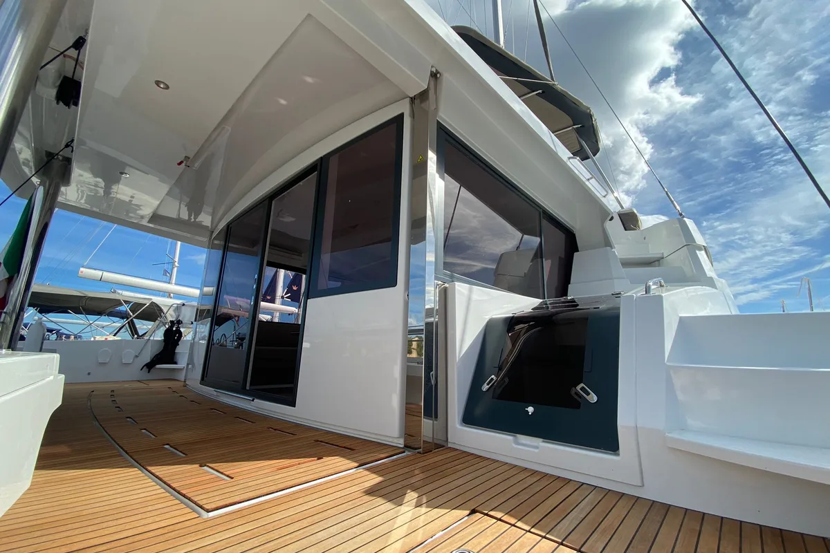 Deck of Spritz "New 2024", a Bali 5.4 catamaran at Figari/Golfo Aranci, Italy