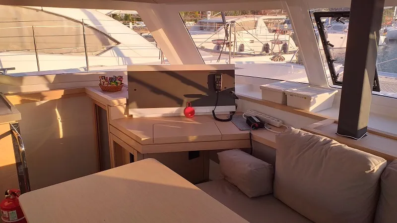 Salon of El Camino, a Fountaine Pajot Lucia 40 catamaran at Fethiye, Turkey
