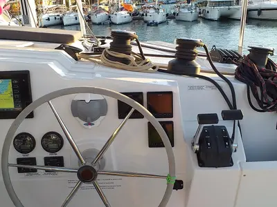 Cockpit of El Camino, a Fountaine Pajot Lucia 40 catamaran at Fethiye, Turkey